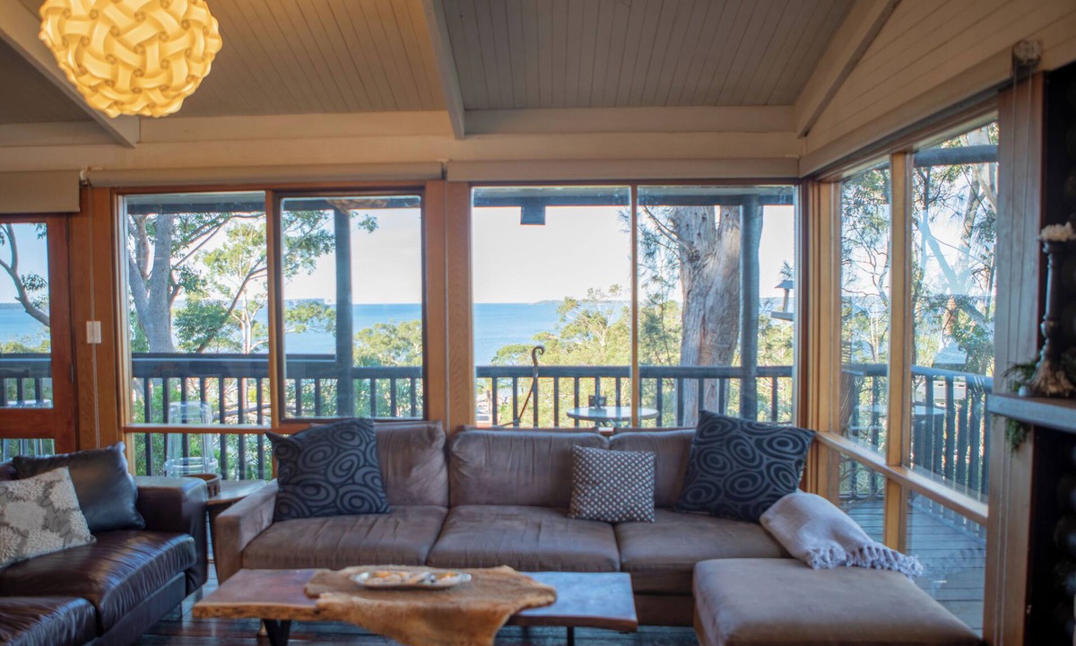 Hyams Beach House | Tree Top House with Bay Views, Short Walk to Beach, Open Fire and Sauna